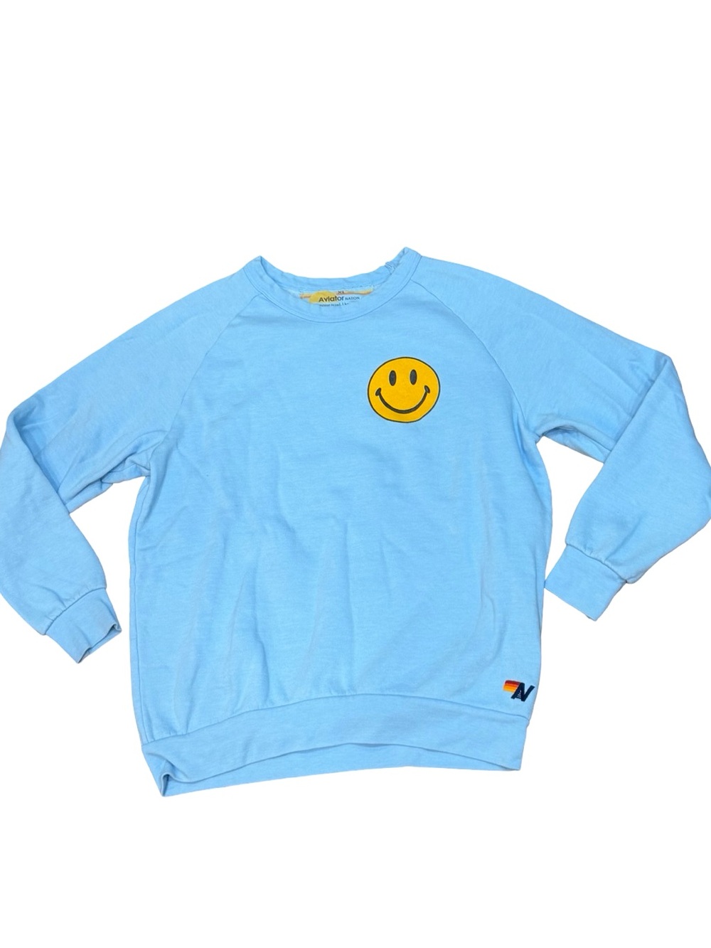 😃Aviator Nation Smiley 2 Relaxed Sweatshirt Light Blue Graphic Pullover Size XL